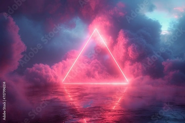 Fototapeta powerful sky view landscape with pink and blue clouds at sunset, purple red triangle icon on 