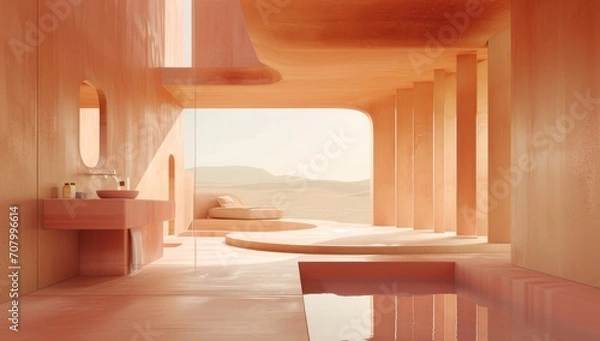 Fototapeta abstract landscape on a bathroom room, minimal style and furniture, a large window and the desert outside, peace and calm pink and beige color palette