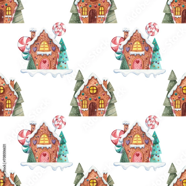 Obraz Gingerbread house. Christmas. Watercolor pattern