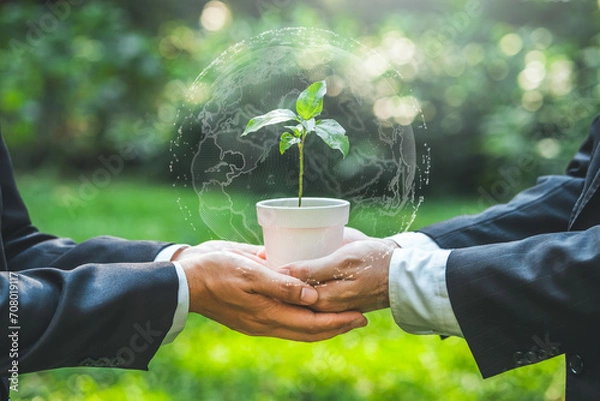 Fototapeta Environmental Collaboration in green business people conserve the green business growing with plants in the hands sustainable development goals. Future environmental ESG modernization development