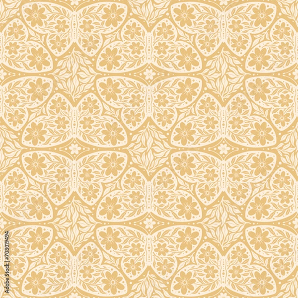 Fototapeta Hand drawn butterflies flowers seamless pattern. Scandinavian folk seamless butterfly floral texture