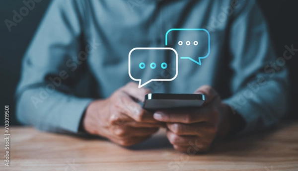 Fototapeta chat, message, technology, smartphone, social, communication, media, wireless, internet, social network. touching at smartphone for chatting and message. social network and communication used internet