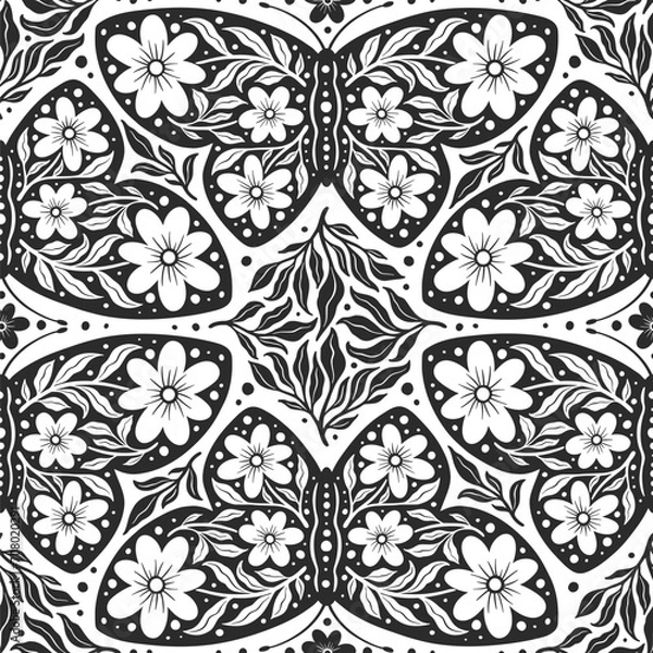 Obraz Hand drawn butterflies flowers seamless pattern. Scandinavian folk seamless butterfly floral texture
