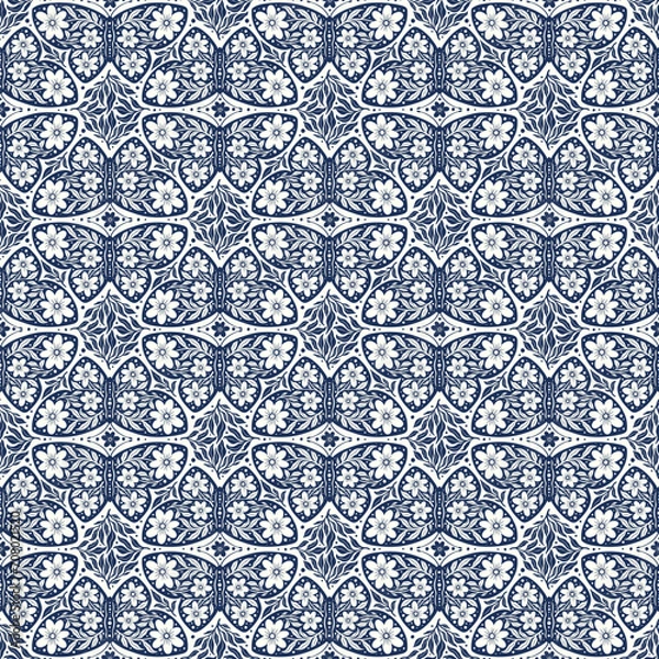 Obraz Hand drawn butterflies flowers seamless pattern. Scandinavian folk seamless butterfly floral texture