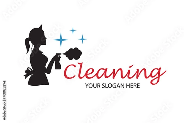 Fototapeta house maid lady for cleaning service design with spray bottle in hand isolated on white background