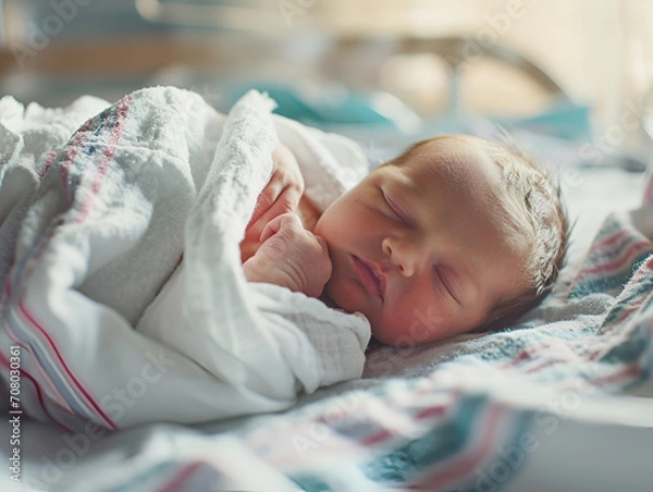 Obraz In the quiet of the ward, a newborn sleeps, swaddled in warmth, symbolizing life's gentle start