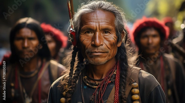 Fototapeta Peruvian in national clothes against the background of Machu Picchu in Peru, ancient architecture, South American Indian, dark elderly man in a hat and woolen poncho, tourism, travel