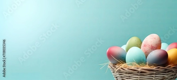 Fototapeta Colorful Easter eggs with intricate designs in rustic basket on light blue background. Banner with copy space. Suitable for spring holiday marketing and festive decoration visuals. Easter traditions.