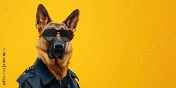 Obraz A German Shepherd, dressed as a security officer, stands confidently with sunglasses, offering wide banner space for text.