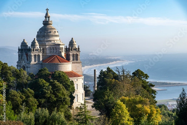 Obraz Viana do Castelo, Portugal-October 7, 2023; Sanctuary of the Sacred Heart of Jesus or Sanctuary of Santa Luzia located at the top of Mount Santa Luzia with area beaches in background