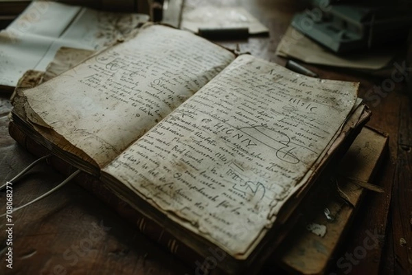 Fototapeta A close-up of a detective's worn notebook with scribbled notes and sketches, telling the story of the investigation. Muted earthy tones and documentary-style framing