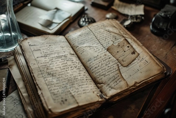 Fototapeta A close-up of a detective's worn notebook with scribbled notes and sketches, telling the story of the investigation. Muted earthy tones and documentary-style framing