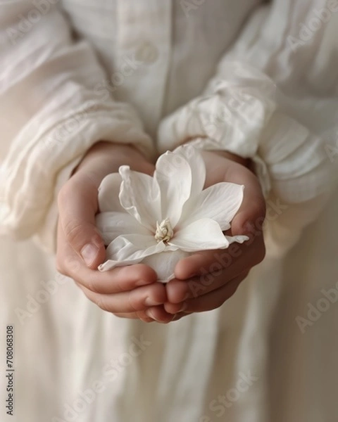 Fototapeta A close-up of a child's hands holding a delicate white flower, symbolizing purity and innocence. Soft, natural light enhances the ethereal atmosphere
