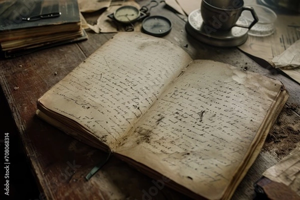 Fototapeta A close-up of a detective's worn notebook with scribbled notes and sketches, telling the story of the investigation. Muted earthy tones and documentary-style framing