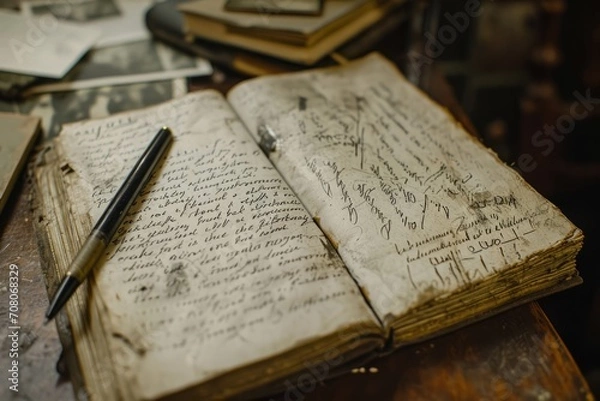 Fototapeta A close-up of a detective's worn notebook with scribbled notes and sketches, telling the story of the investigation. Muted earthy tones and documentary-style framing