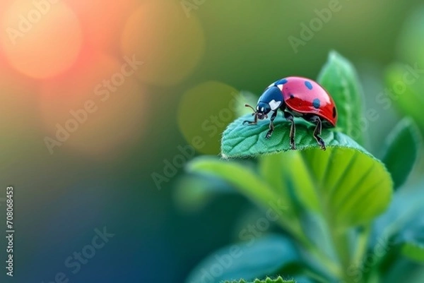 Fototapeta A close-up of a ladybug delicately perched on a young leaf, shot against a blurred background of lush greenery. The vivid red and black color contrast draws