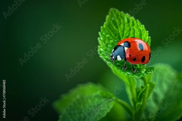 Fototapeta A close-up of a ladybug delicately perched on a young leaf, shot against a blurred background of lush greenery. The vivid red and black color contrast draws