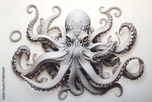 Fototapeta A captivating and curious octopus with intricate tentacles, its otherworldly form portrayed in detailed black and white, creating a mesmerizing image on paper.