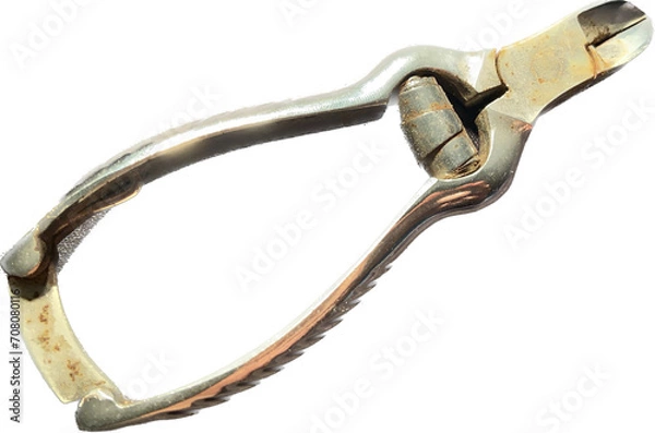 Obraz vintage nail cutter in rusty steel. toe scissors. dirty and ancient clippers. image with neutral background. hand holding body care object.