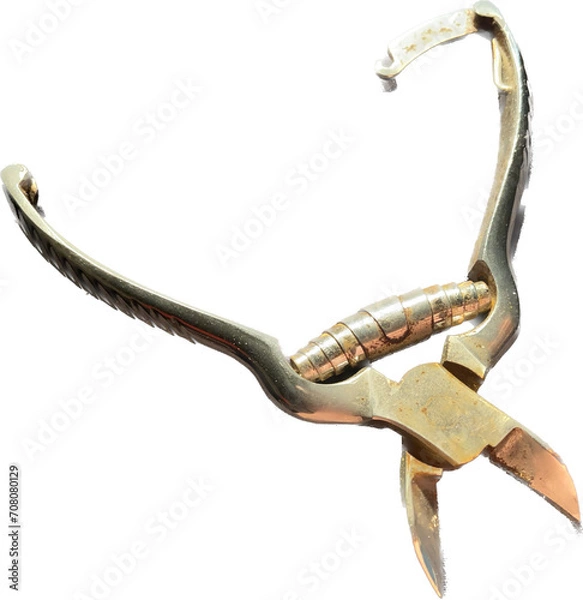 Obraz vintage nail cutter in rusty steel. toe scissors. dirty and ancient clippers. image with neutral background. hand holding body care object.
