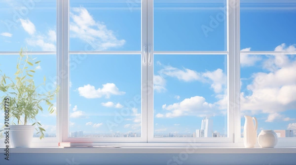 Fototapeta View of clean blue sky through the window, concept of  calm atmosphere