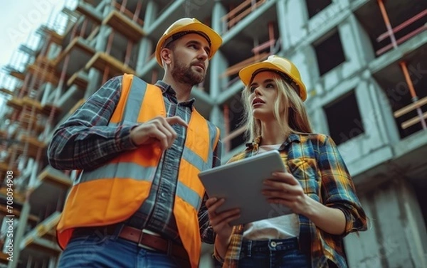 Fototapeta Male engineer using tablet talking to a female architect on a construction site