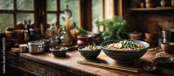 Fototapeta Bowl of ramen on wooden table in rustic traditional kitchen. Asian cuisine healthy hot meal, dish. Panoramic background banner for restaurant, book, ebook. Generative AI.