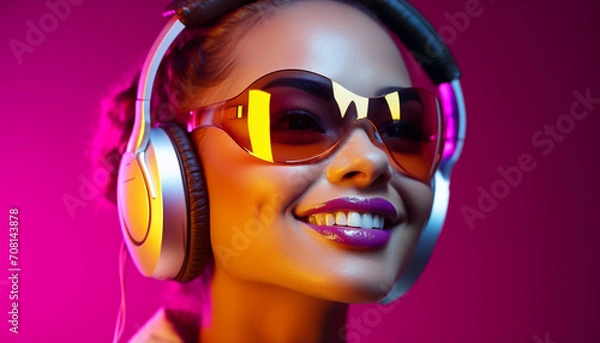 Fototapeta Smiling young woman enjoying music with headphones generated by AI