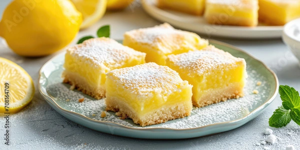 Fototapeta Zesty Lemon Bars dessert. Stack of lemon bars dusted with sugar, lemons, on pink background.