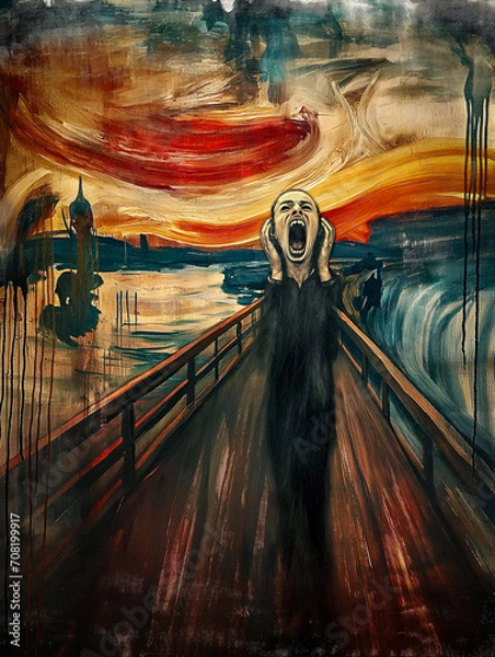 Obraz AI-Generated Modern Twist on Munch's Scream: Man Screaming on a Bridge