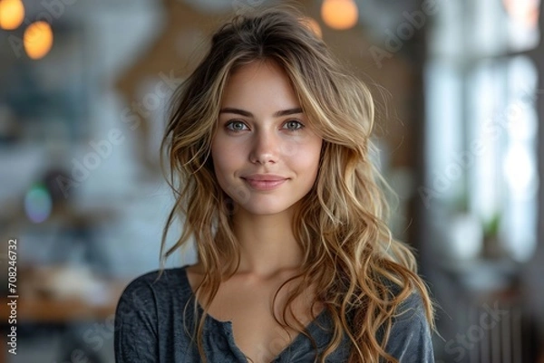 Fototapeta Close-up portrait of a beautiful young blonde woman smiling and looking at the camera
