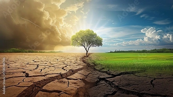 Fototapeta Agricultural areas are changing from green to barren land due to global warming, Climate Chane, Generative Ai