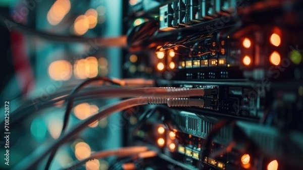 Fototapeta Network server room with cables and LED lights