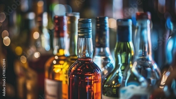 Obraz Assorted liquor bottles on a bar shelf, softly lit