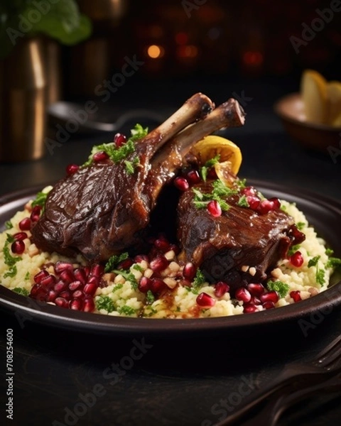 Fototapeta An elegant fusion of flavors awaits as tender lamb shanks are braised in a fragrant mixture of aromatic es and served alongside a bed of saffroninfused pearl couscous, fresh pomegranate