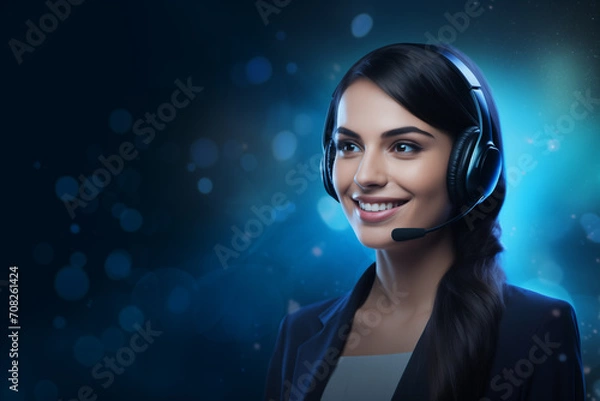 Fototapeta Young woman as call center operator with headset and blue bokeh background. Generative AI