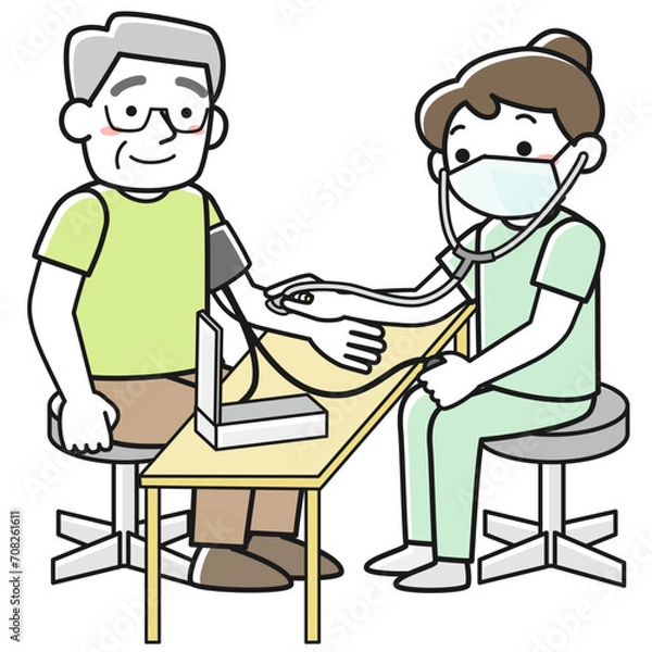 Fototapeta シニア男性の血圧を測定する女性看護師