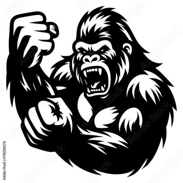 Fototapeta Vector logo of a raging gorilla doing a fist punch. Professional logo of a mad kong. Black and white logo of an ape isolated on a white background.