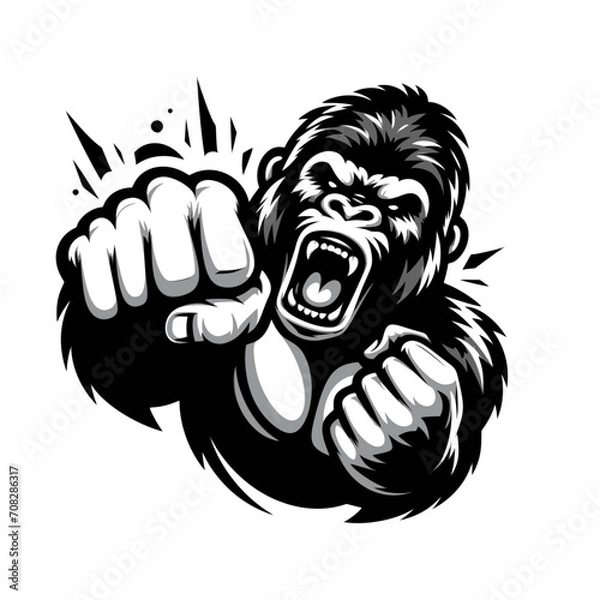 Fototapeta Vector logo of a raging gorilla doing a fist punch. Professional logo of a mad kong. Black and white logo of an ape isolated on a white background.