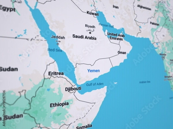 Obraz 3d rendering illustration of LCD screen close up with Saudi Peninsula in focus and Yemen highlighted