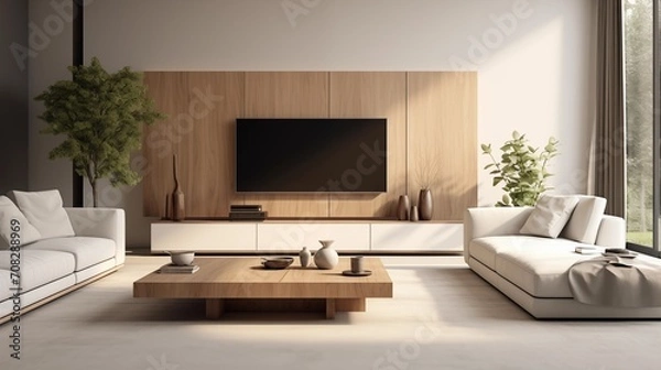 Fototapeta Modern living room with white and natural wood furniture in minimalist design