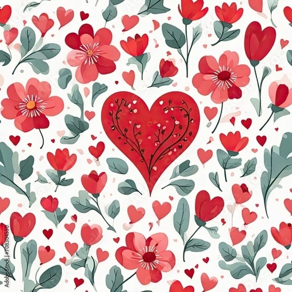 Fototapeta Valentines day background with heart and flowers. Vector illustration.