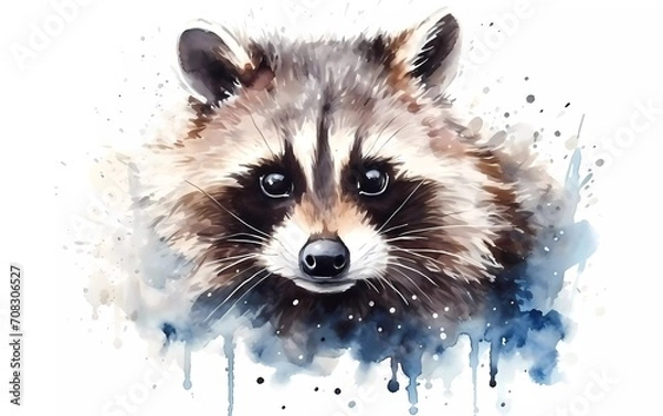 Obraz Portrait of a cute raccoon, closeup in watercolor style, on a white background. generative ai