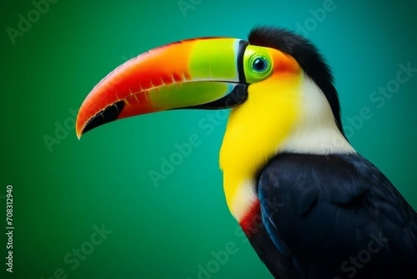 Fototapeta A colorful toucan, its long yellow beak distinct, stands against a green background.