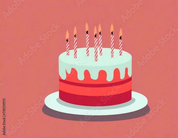 Obraz たくさんのロウソクが乗っているテーブルに置かれた丸いホールのバースデーケーキのイラスト