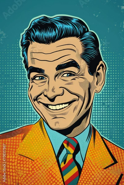 Obraz Front facing headshot of a smiling salesman in the style of 1950s pop art, a retro illustration inspired by comic book art and woodcut graphics
