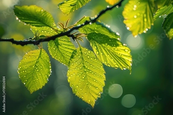 Fototapeta Beautiful leaves in the forest with dewdrops