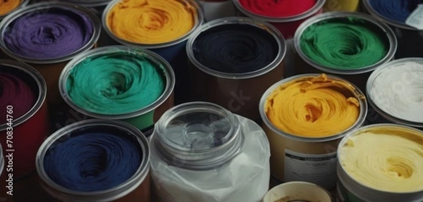 Fototapeta  .In the image, there is an assortment of different colored jars filled with paint. The variety of colors and sizes create a vibrant.