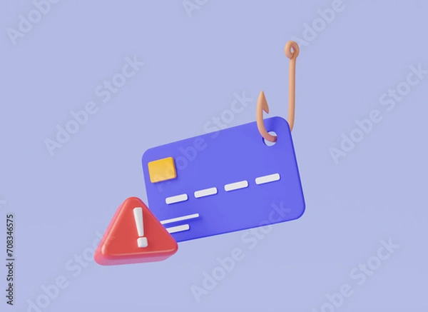 Fototapeta Credit card attached to large hook. hacker stealing credit card information, Credit card fraud, Theft of funds from credit, Cyber crime, Phishing scam, online scam and steal. 3d render illustration