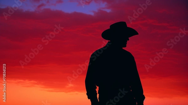 Fototapeta A cowboy silhouette against a backdrop of a minimal, colorful sunset.